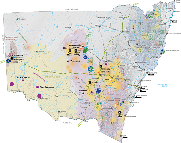 Map of NSW showing critical minerals and high-tech metals.