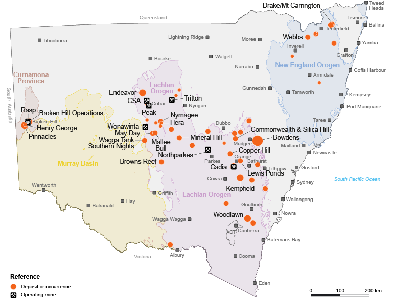 Map of New South Wales showing silver deposits, occurrences and operating mines in relation to geological provinces.